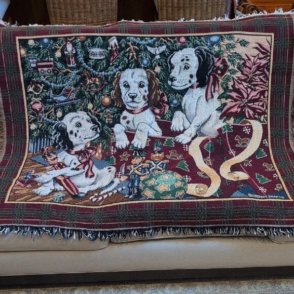 Vintage Crown Craft Dalmatian Puppies Under Christmas Tree Woven Tapestry Throw - Picture 11 of 11